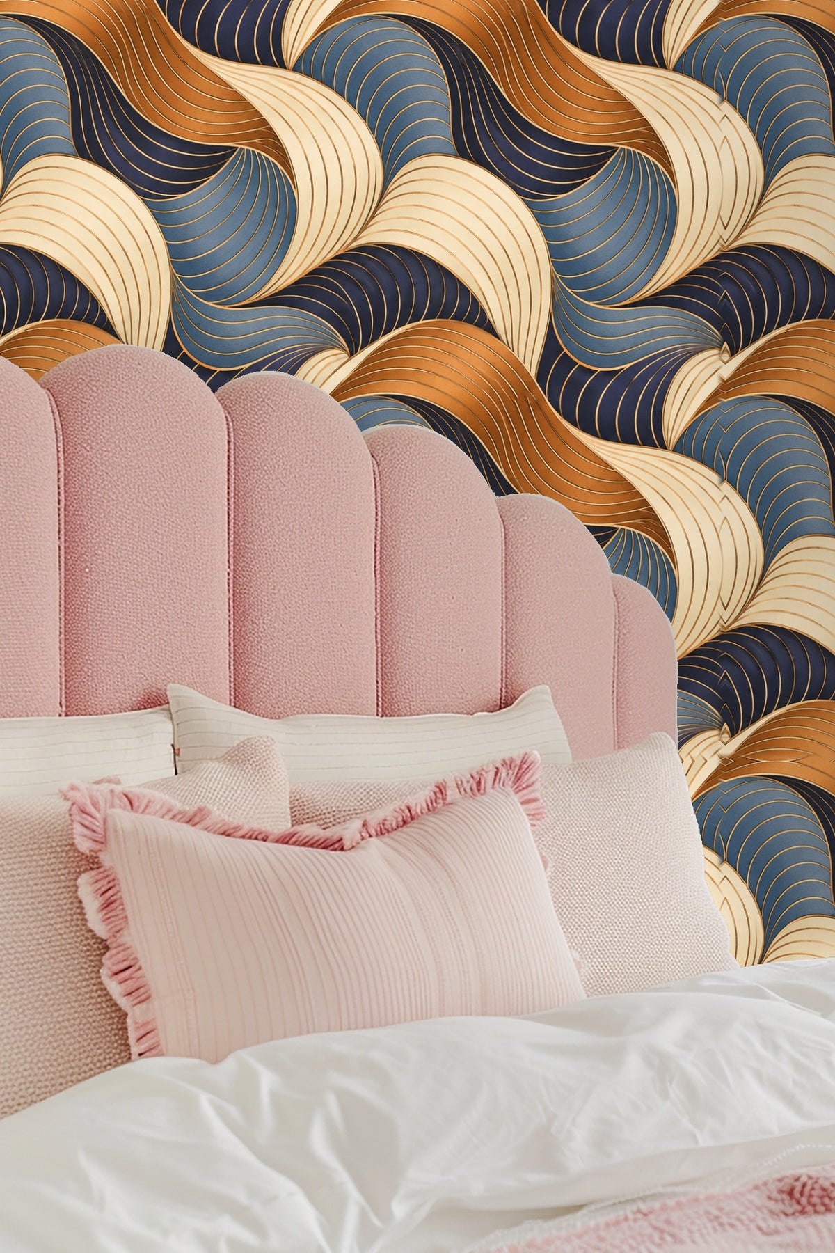 Pattern detail emphasizing flowing ribbons and golden lines