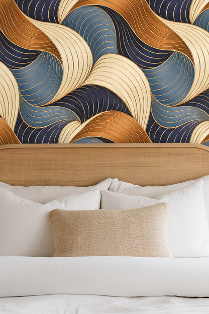 Copper Comb Interlock wallpaper color palette swatch with navy, cream, blue, copper