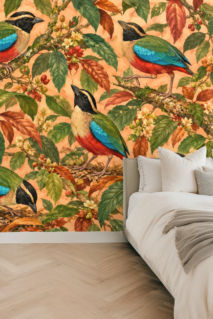 Living room wall adorned with bright pitta bird wallpaper showcasing green and orange leaves.