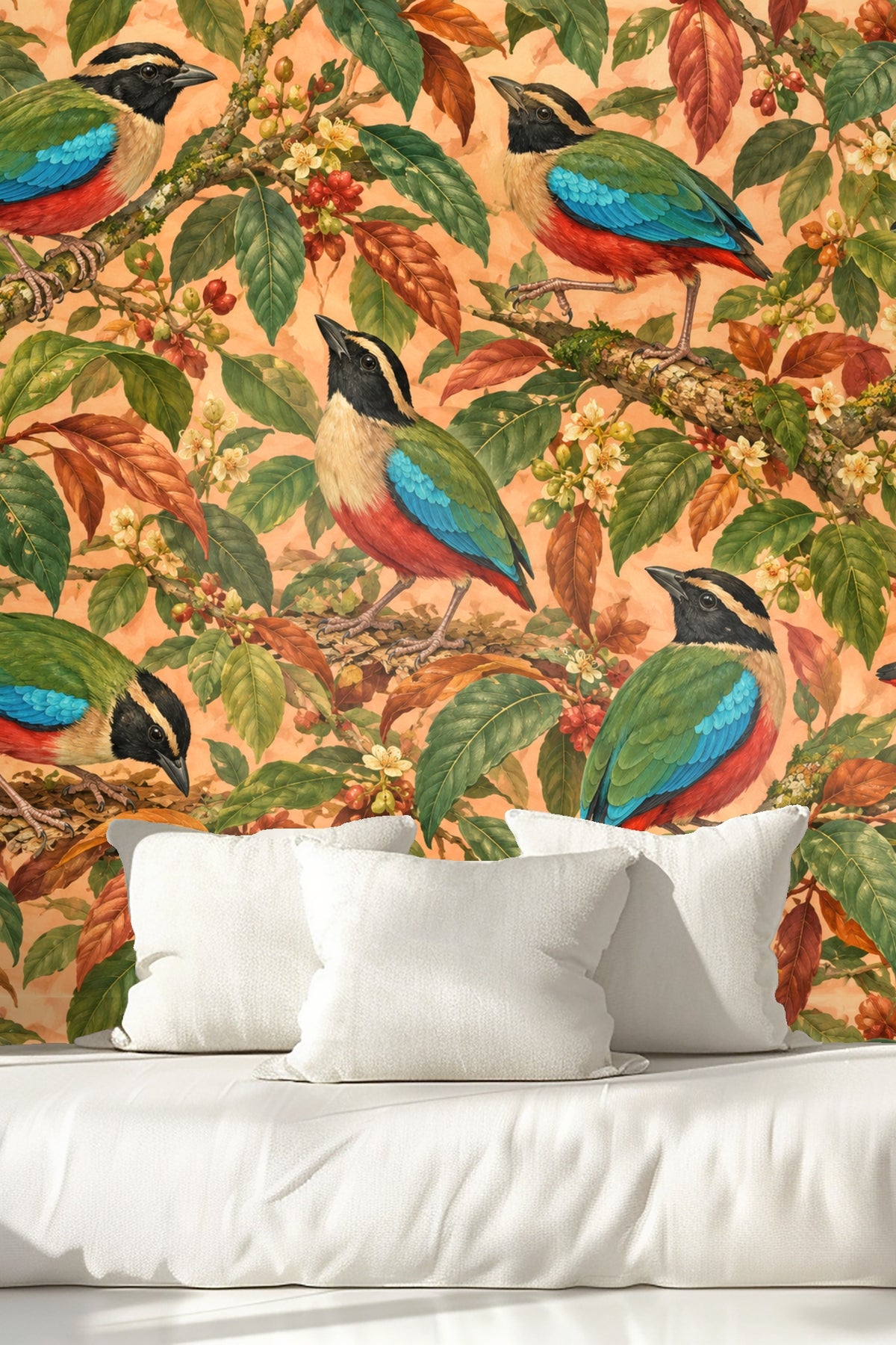 Pitta bird wallpaper mural behind a rattan bed with white linens and neutral pillows.