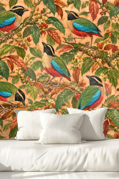 Pitta bird wallpaper mural behind a rattan bed with white linens and neutral pillows.