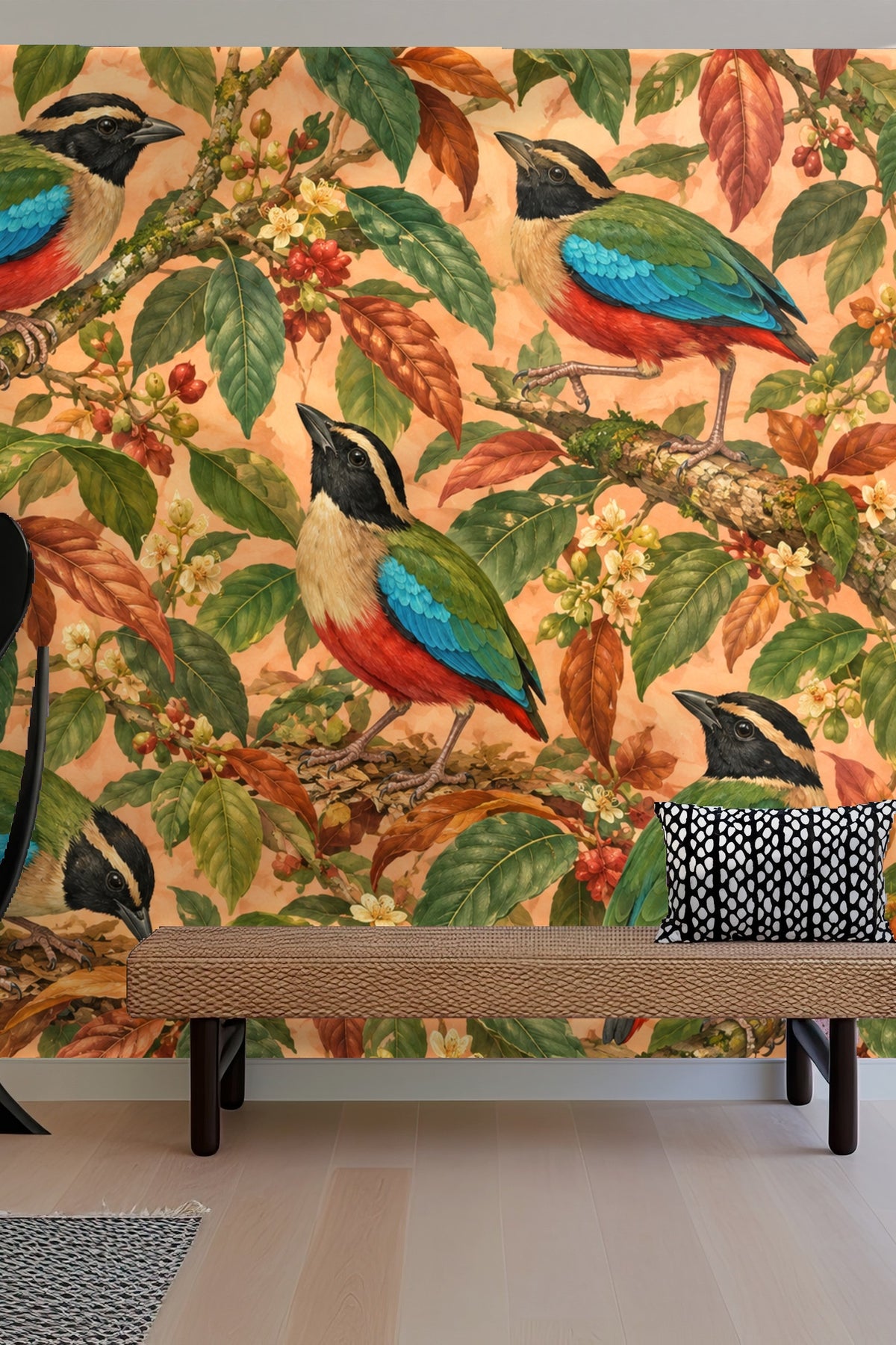 Pattern repeat showing multiple pitta birds and intricate leaf details.