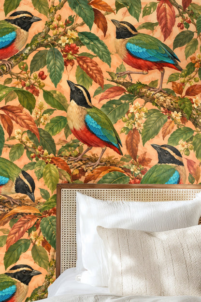 Wallpaper featuring realistic pitta birds and lush foliage in autumn colors.