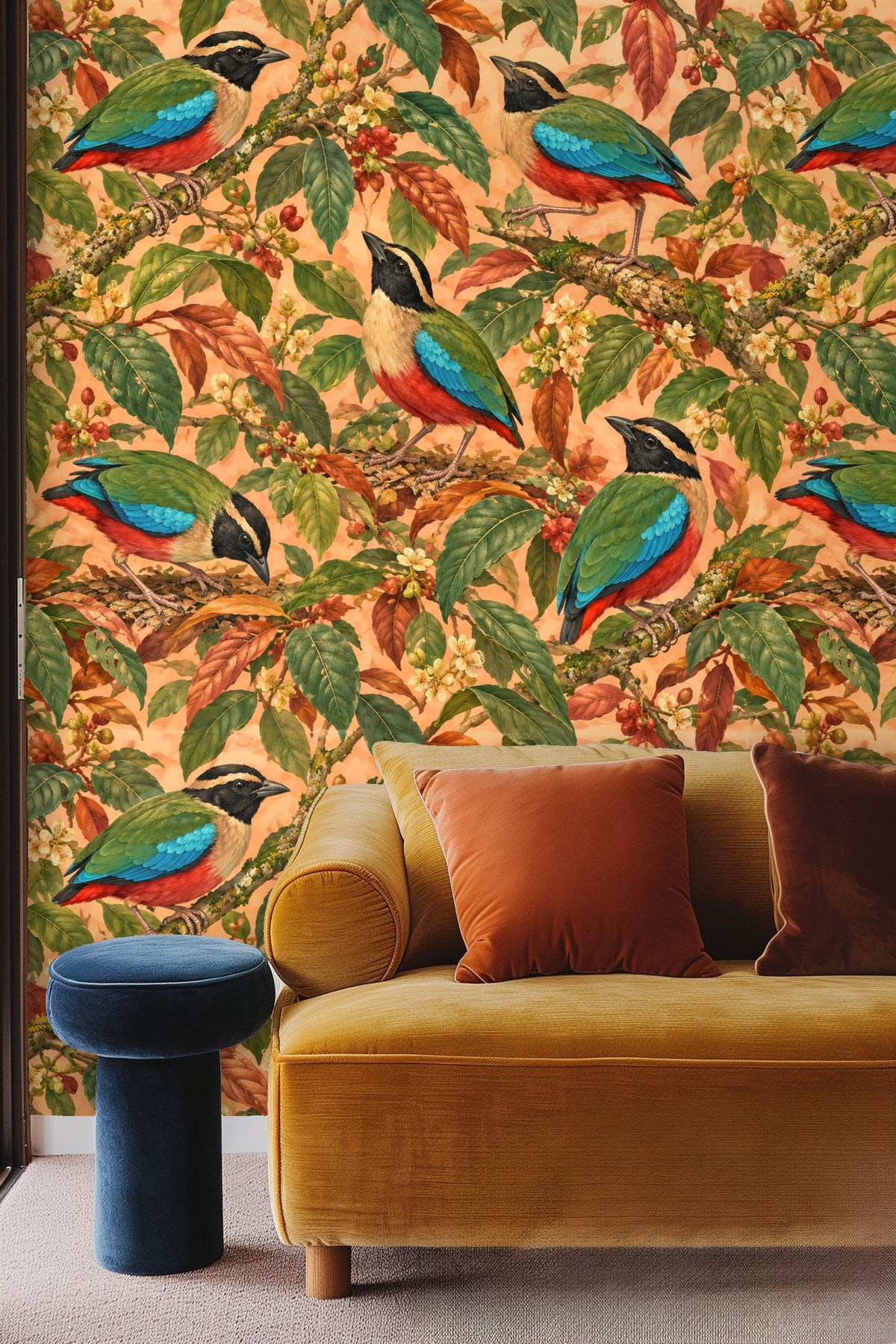 Bedroom headboard wall with pitta bird wallpaper showing vibrant leaves and flowers.