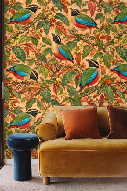 Bedroom headboard wall with pitta bird wallpaper showing vibrant leaves and flowers.