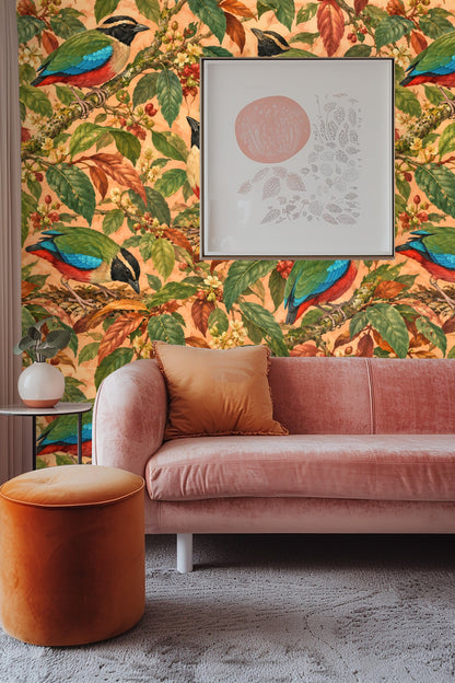 Close-up of layered leaves and blooming flowers under perched colorful birds.