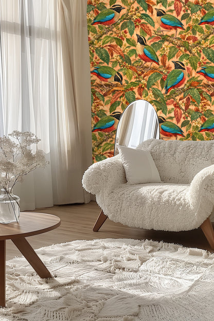 Richly textured wallpaper pattern with green leaves and colorful birds on warm background.