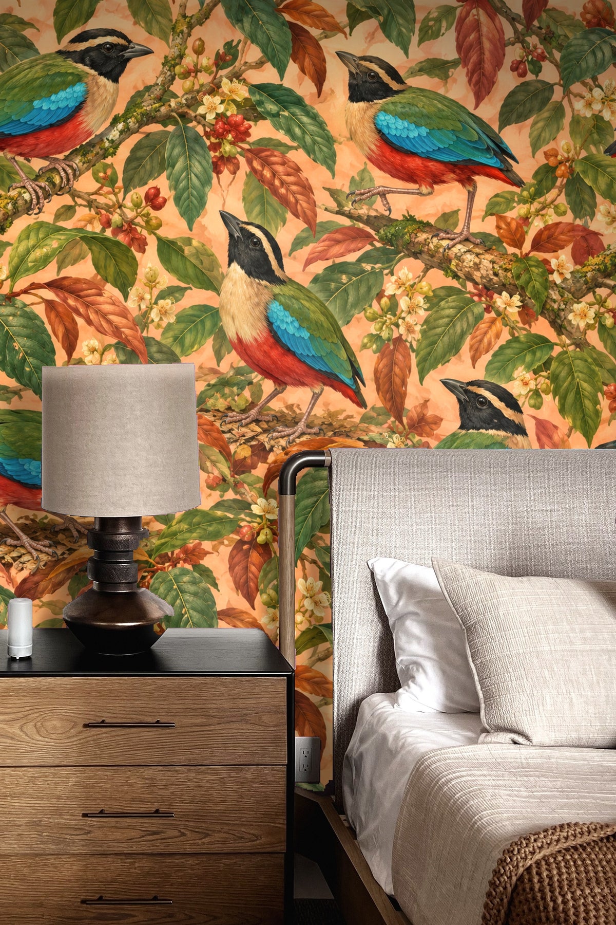 Detailed illustration of pitta birds amidst flowering branches with dense foliage.