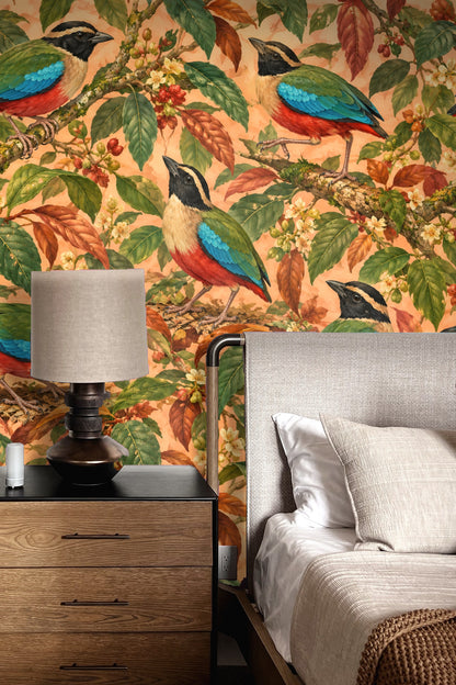 Detailed illustration of pitta birds amidst flowering branches with dense foliage.