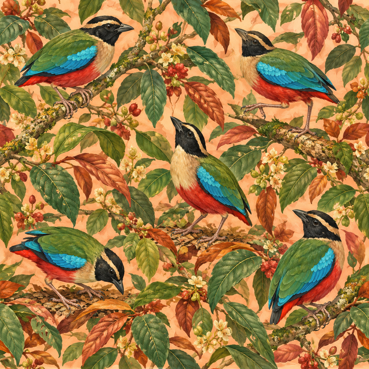 Colorful wallpaper art showing naturalistic birds and layered tropical plants.