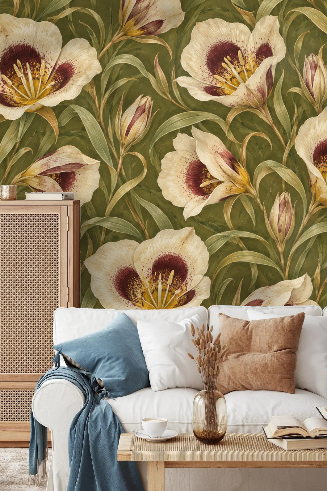 Wallpaper close-up with cream and burgundy Calochortus flowers on olive green background