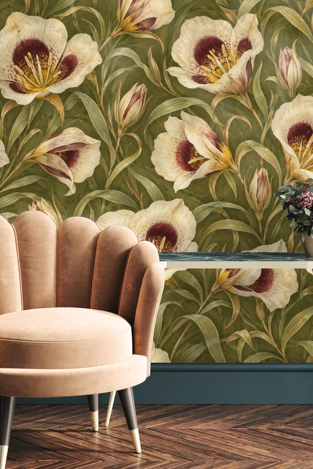 Bedroom headboard with coral velvet and Calochortus Bloom wallpaper in green, cream, and burgundy