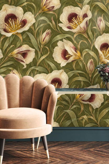 Bedroom headboard with coral velvet and Calochortus Bloom wallpaper in green, cream, and burgundy
