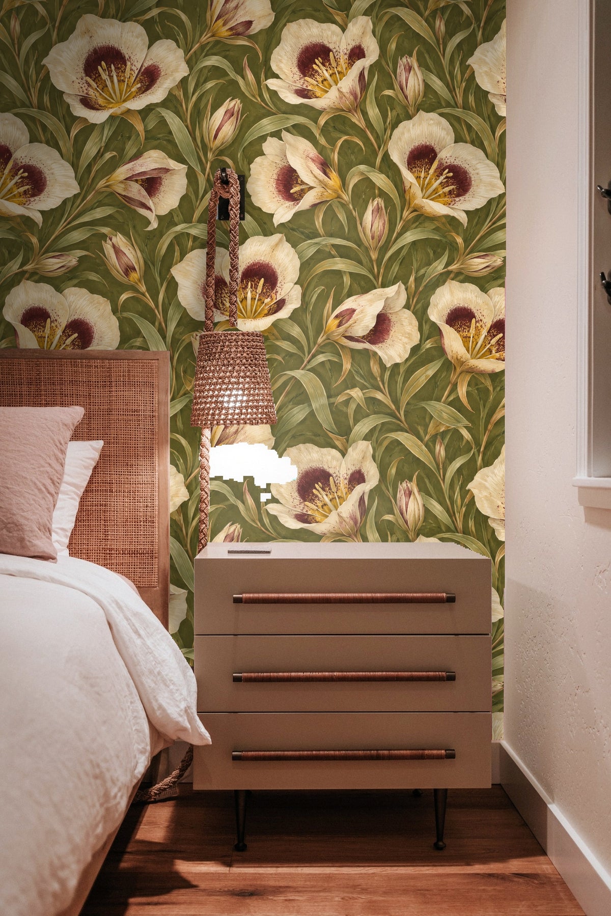 Detail of cream petals with burgundy center dots and yellow stamens on wallpaper
