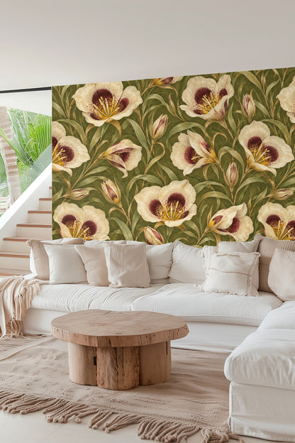 Velvet cushions complementing wallpaper's warm tones