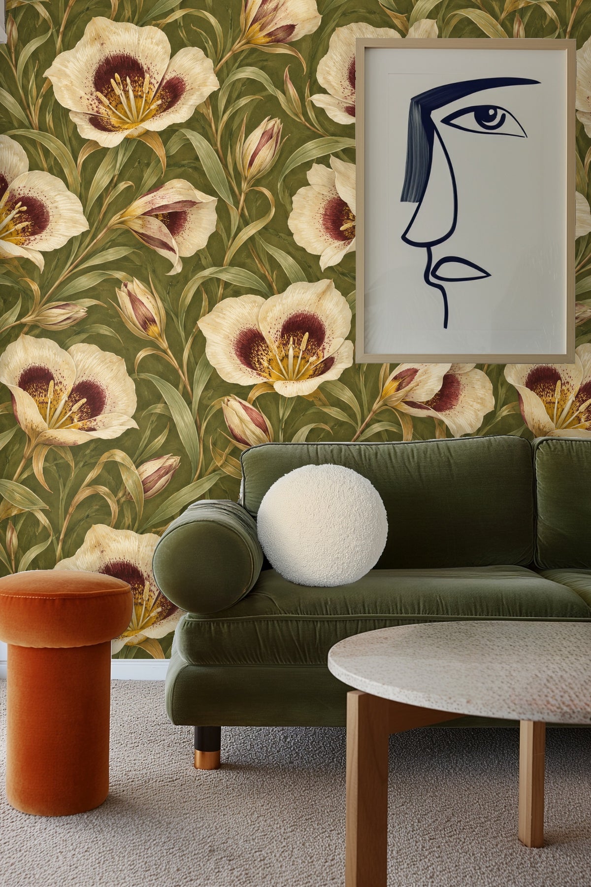 Cluster of unopened flower buds and long leaves in wallpaper pattern