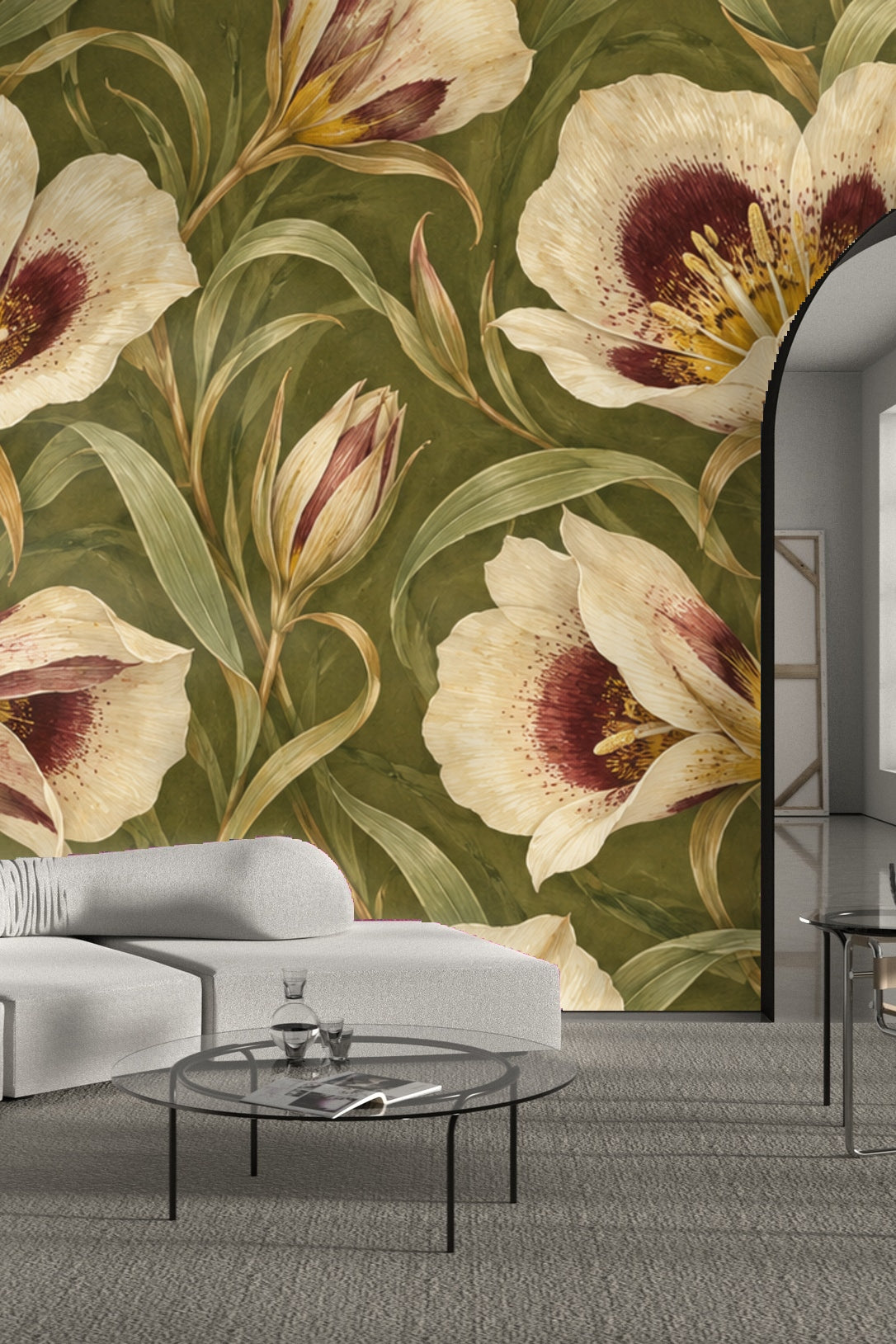 Close-up of flower stamens and maroon petals in wallpaper