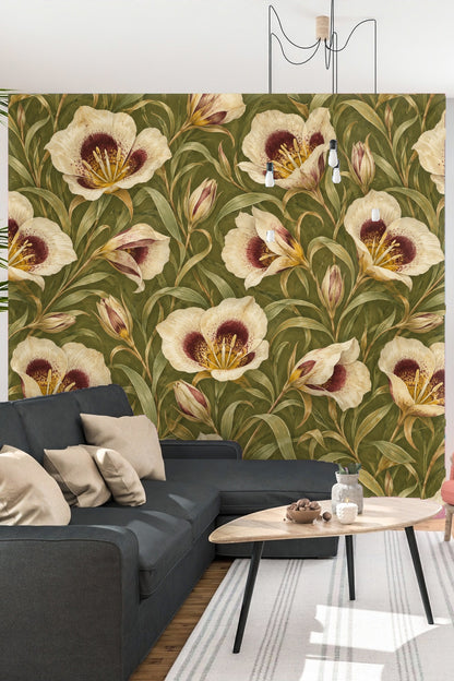 Living room vignette emphasizing floral wallpaper with natural light