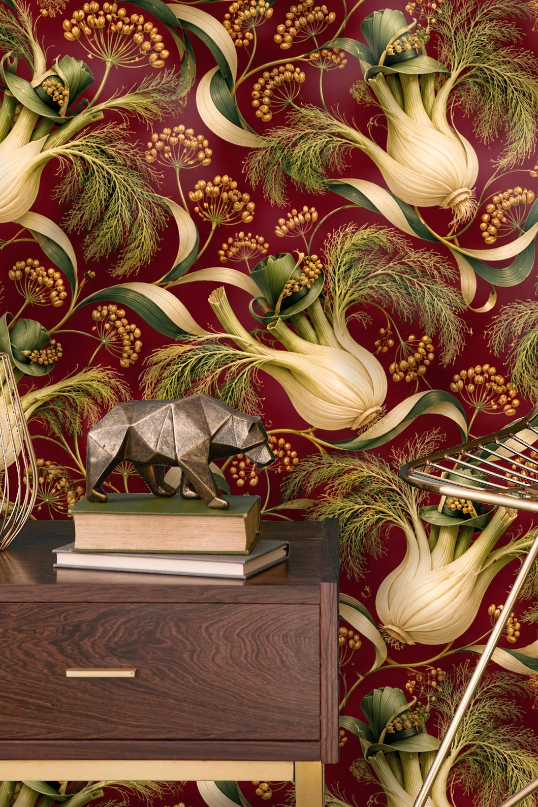 Curtain and plant complement the fennel wallpaper in a softly lit living space.