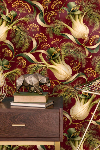 Curtain and plant complement the fennel wallpaper in a softly lit living space.