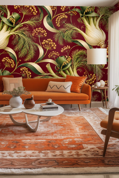 Close-up of a detailed botanical wallpaper showing fennel bulbs, green leaves, and golden seed heads on a deep crimson background.