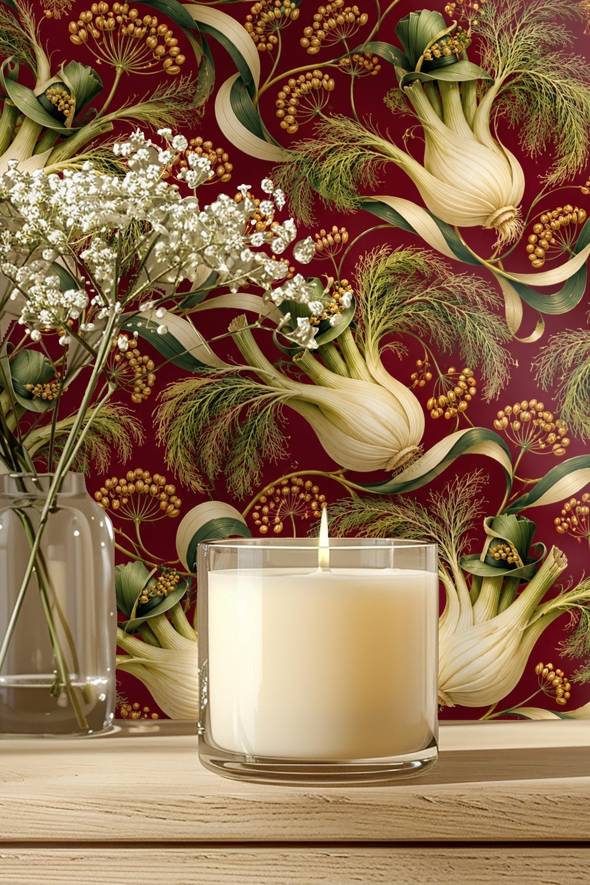 Detailed pattern repeat showing fennel bulbs and foliage arranged diagonally on red base.