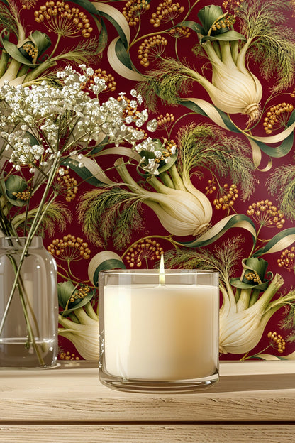Detailed pattern repeat showing fennel bulbs and foliage arranged diagonally on red base.