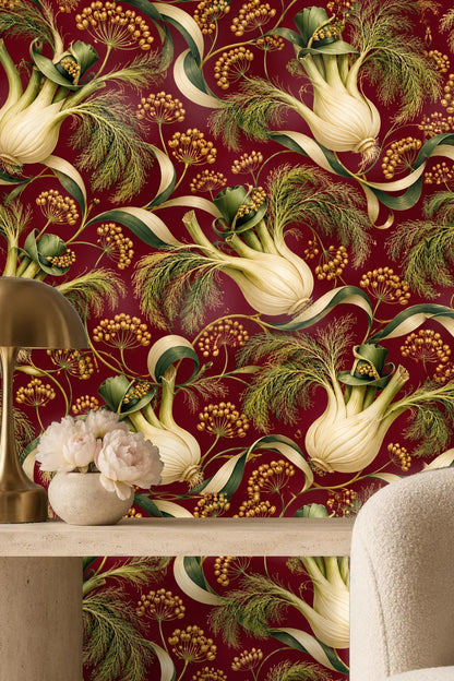 Fennel seed heads with fine detailing against the smooth crimson wallpaper base.