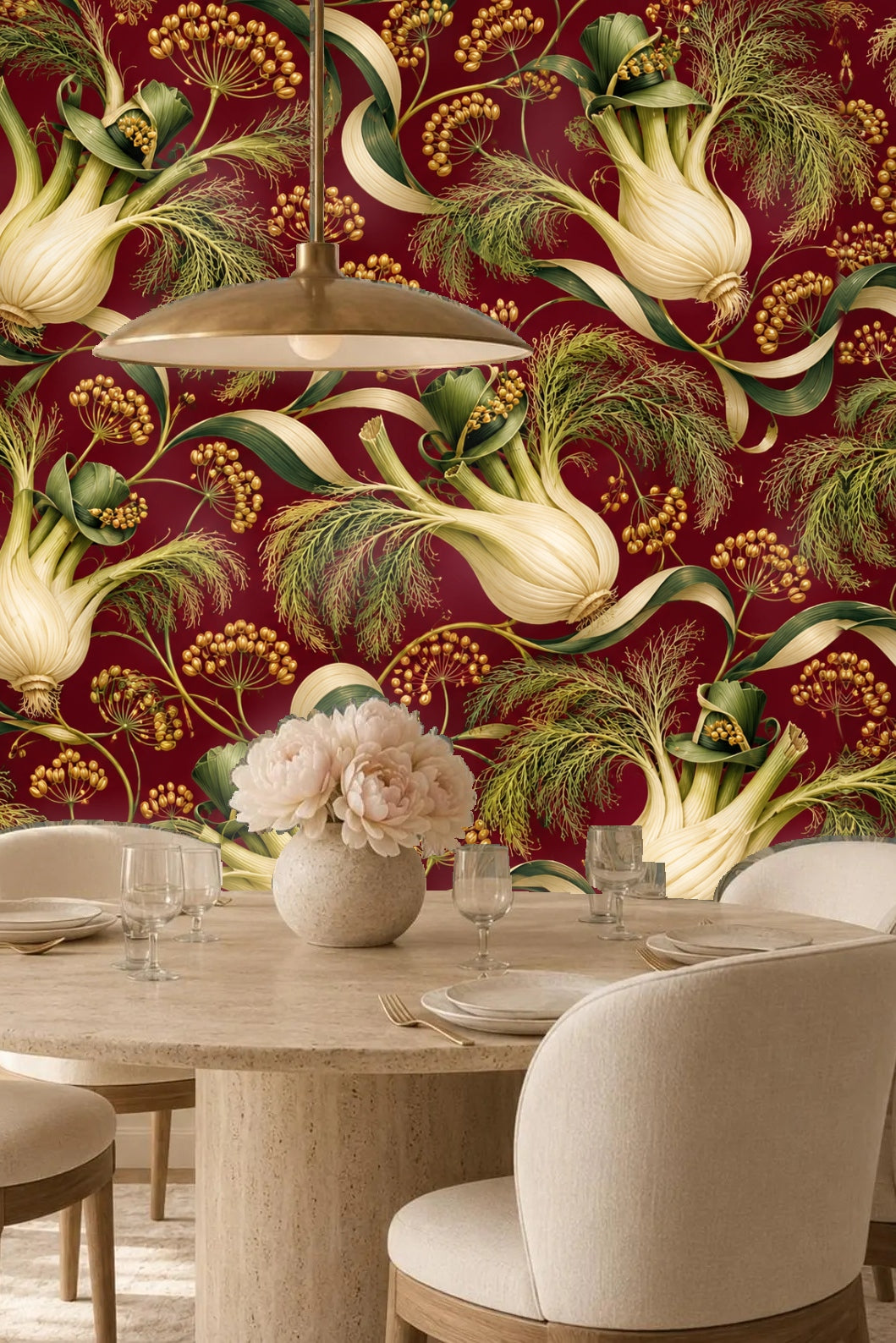 Side view of the wallpaper pattern showing depth in naturalistic fennel rendering.