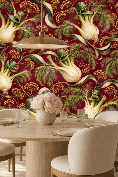 Side view of the wallpaper pattern showing depth in naturalistic fennel rendering.