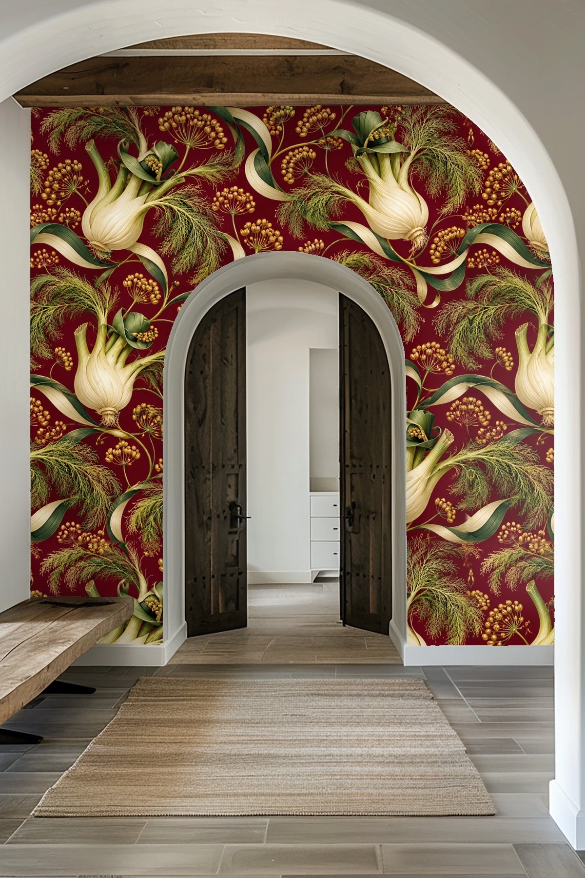 Green fennel fronds curling elegantly across a red wallpaper background.
