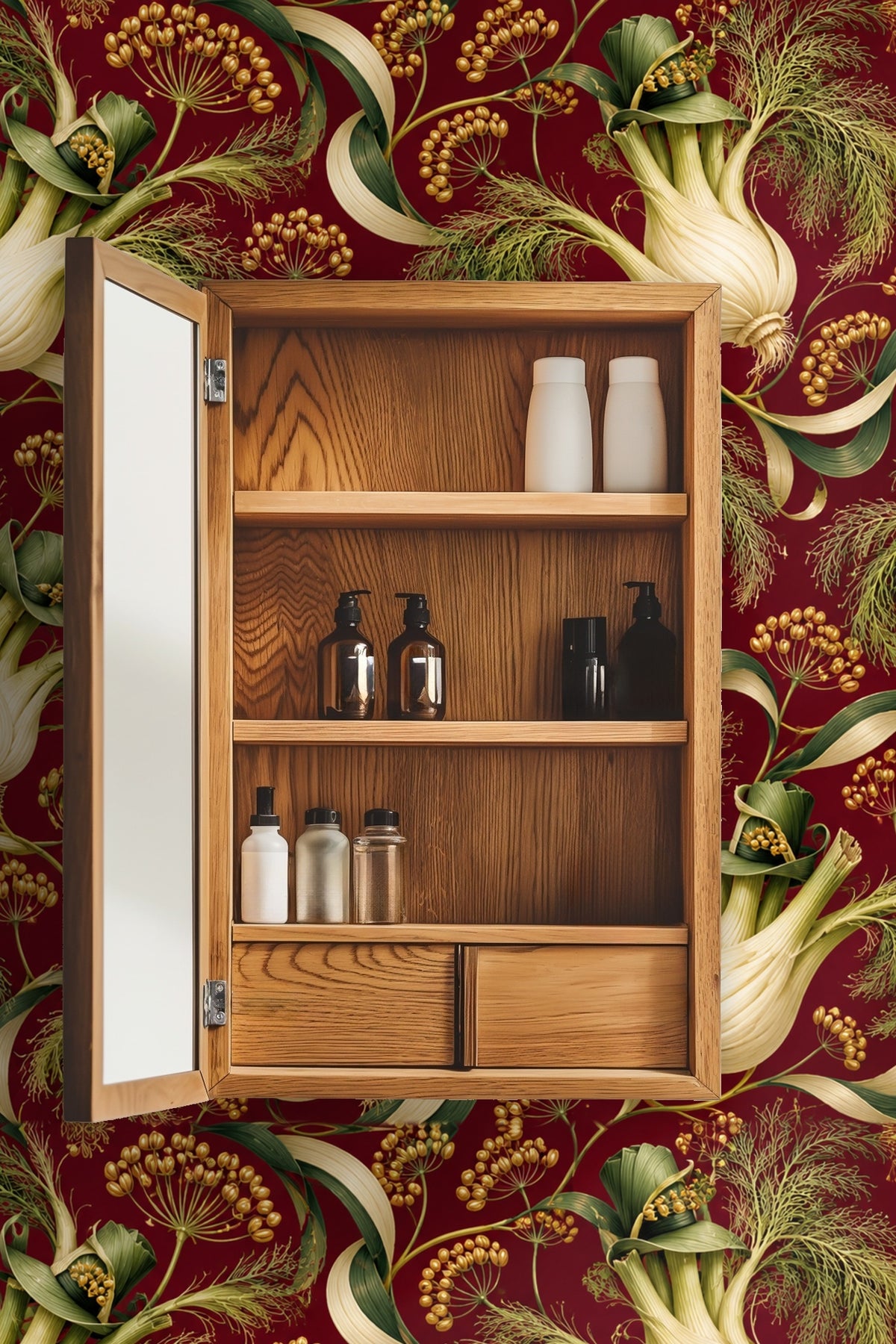 Laundry room featuring fennel wallpaper with visible washing machines and wooden shelves, highlighting the wallpaper’s scale and vibrant red
