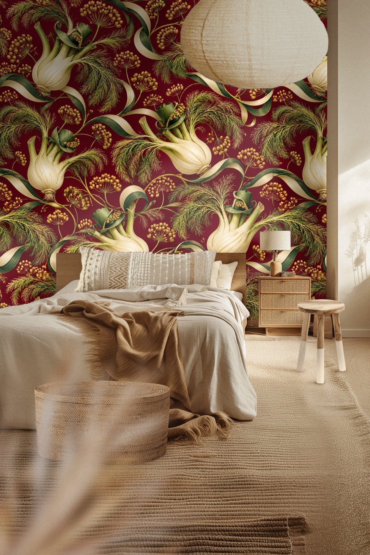 Golden fennel seed clusters contrasting with dark green leaves on a red mural.