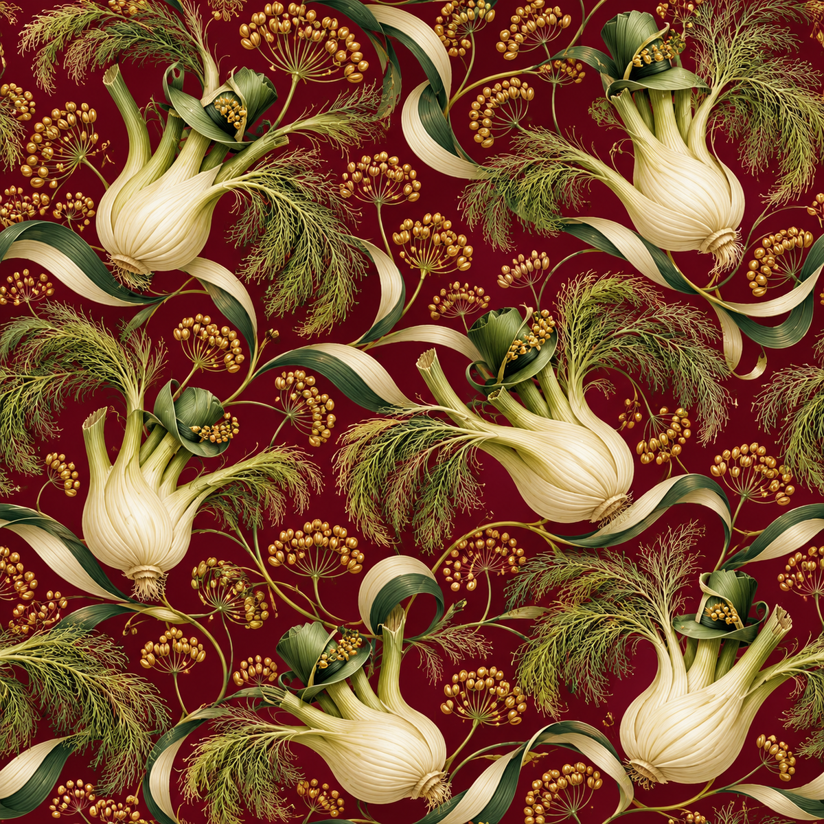 Fennel bulbs with long roots detailed on a red patterned wallpaper.