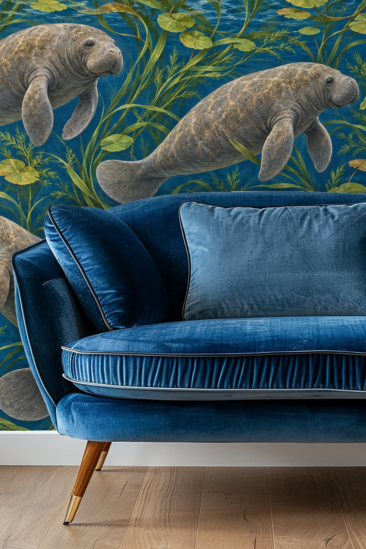 Hand-painted wallpaper artwork of four gray manatees swimming among green aquatic plants and waterlilies on a deep blue background.
