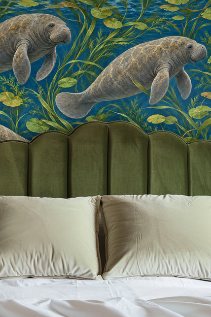 Bathroom wall with wallpaper showing detailed gray manatees swimming through green seaweed and waterlilies in a blue lagoon.