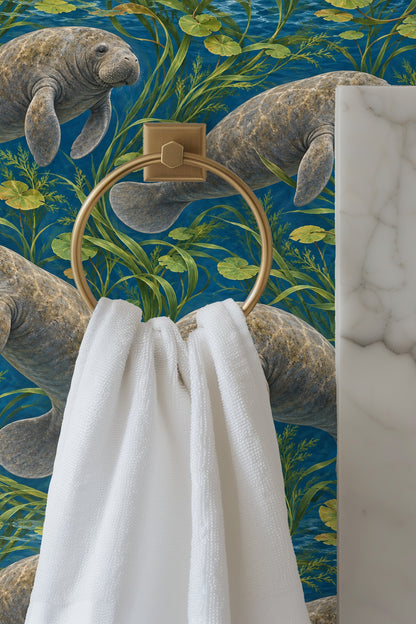 Blue velvet couch in front of wallpaper featuring realistic gray manatees and green water plants on a deep blue lagoon background.