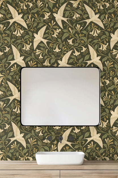 Green wall featuring Ivory Flight wallpaper with elegant bird and flower motifs seen through bedroom decor