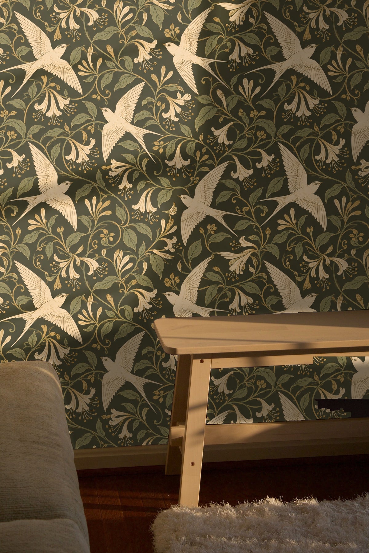 Ivory swallows flying amidst curling honeysuckle vines with olive leaves on rich green background, full motif repeat detail