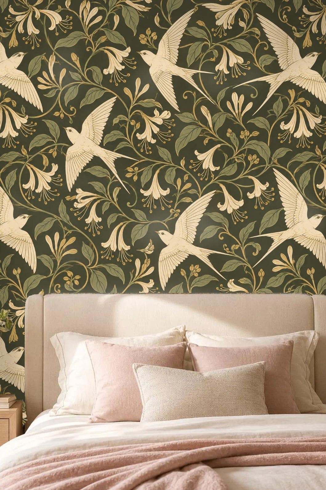 Full wallpaper repeat of Ivory Flight showing swallows soaring over floral vines and leaves