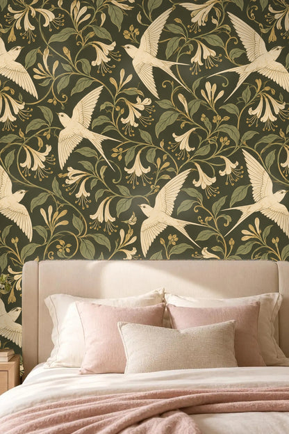 Full wallpaper repeat of Ivory Flight showing swallows soaring over floral vines and leaves