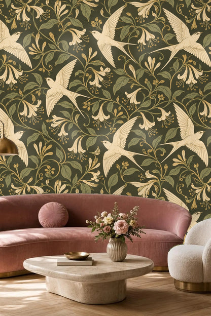 Pattern detail of elegant cream swallows and blooming honeysuckle, overlapping vines and leaves on muted olive green