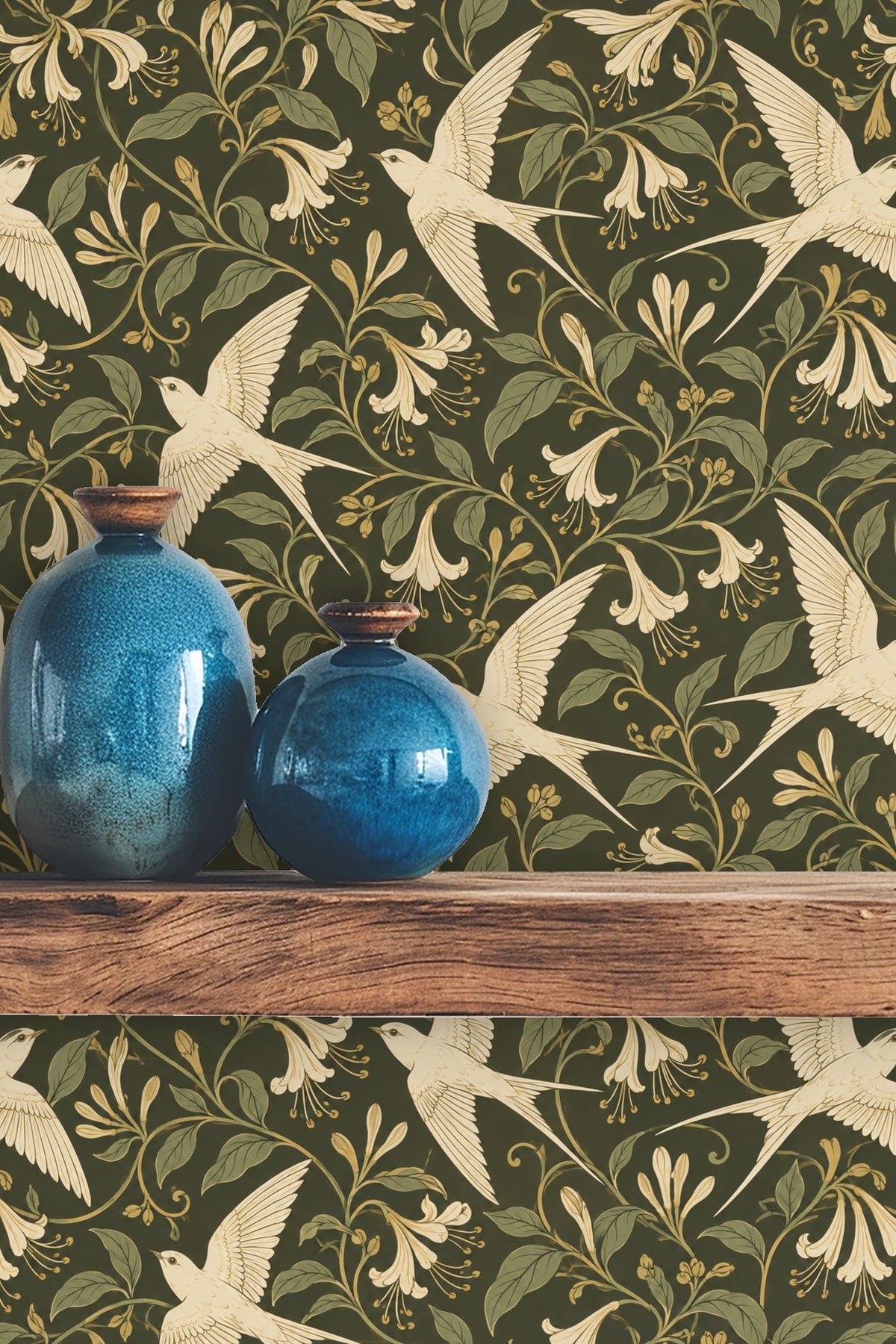 Ivory Flight wallpaper pattern showing detailed bird wings and floral curves against olive backdrop