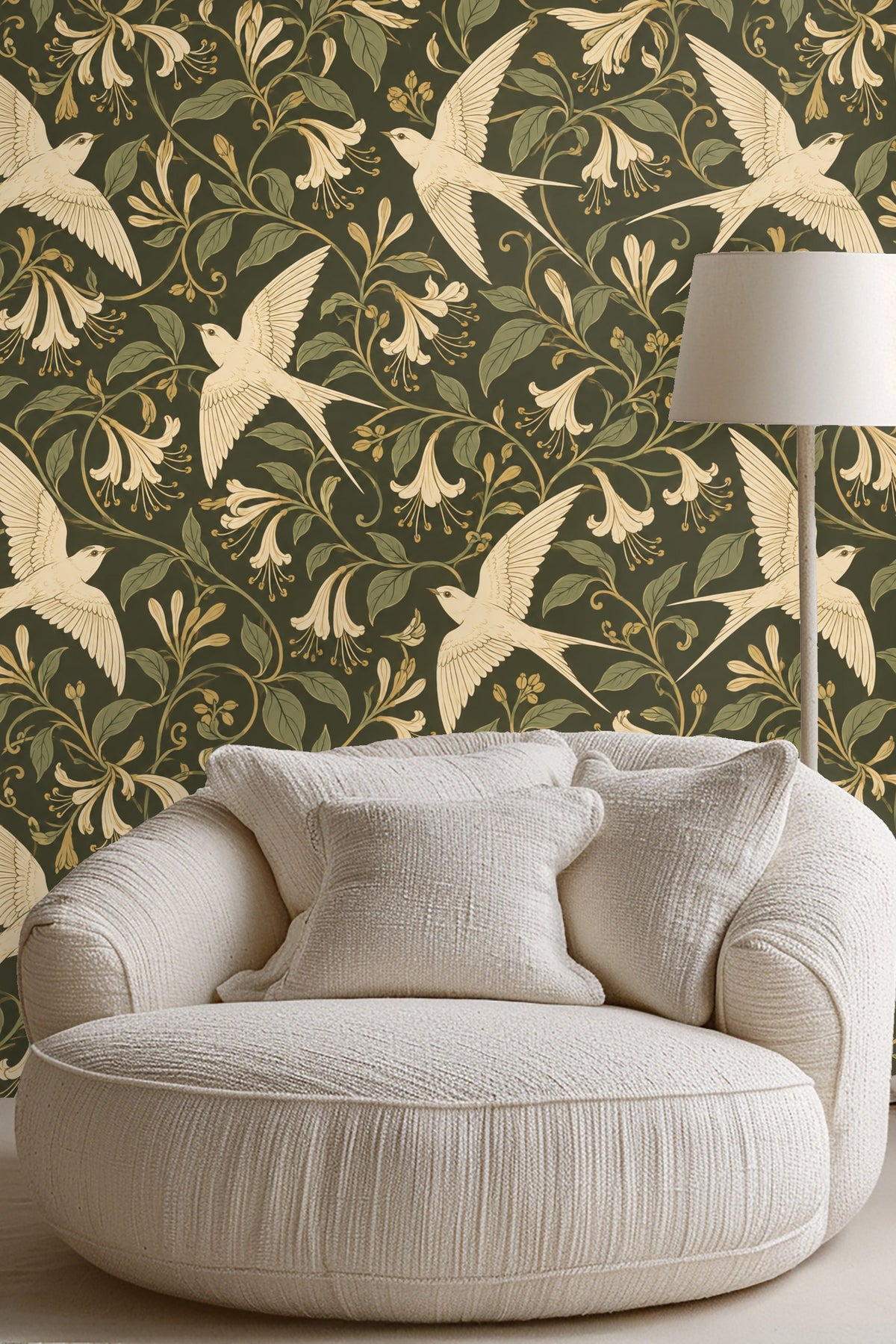 Artful wallpaper pattern featuring vintage-style flying swallows and honeysuckle in tonal cream and muted green