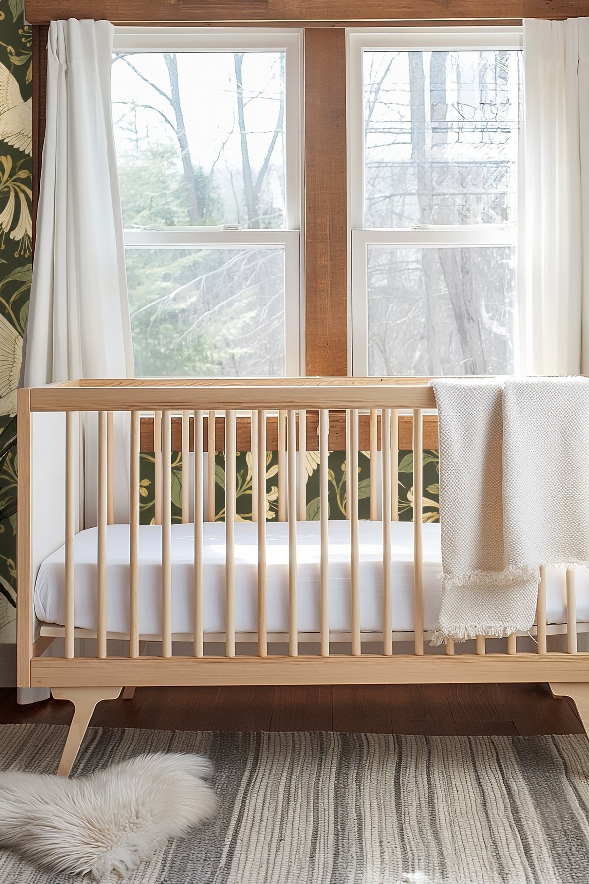 Ivory Flight wallpaper behind a modern wooden bed with neutral bedding and textured throw