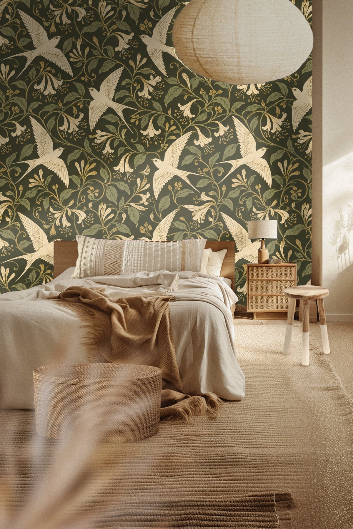 Cream swallow birds in flight with honeysuckle flowers and vines on an olive green background, detailed pattern view.