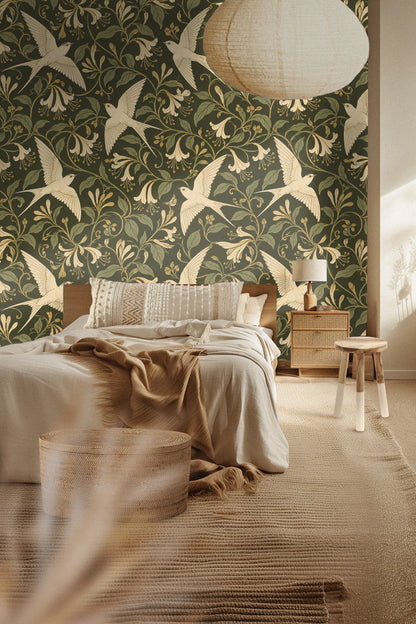 Cream swallow birds in flight with honeysuckle flowers and vines on an olive green background, detailed pattern view.