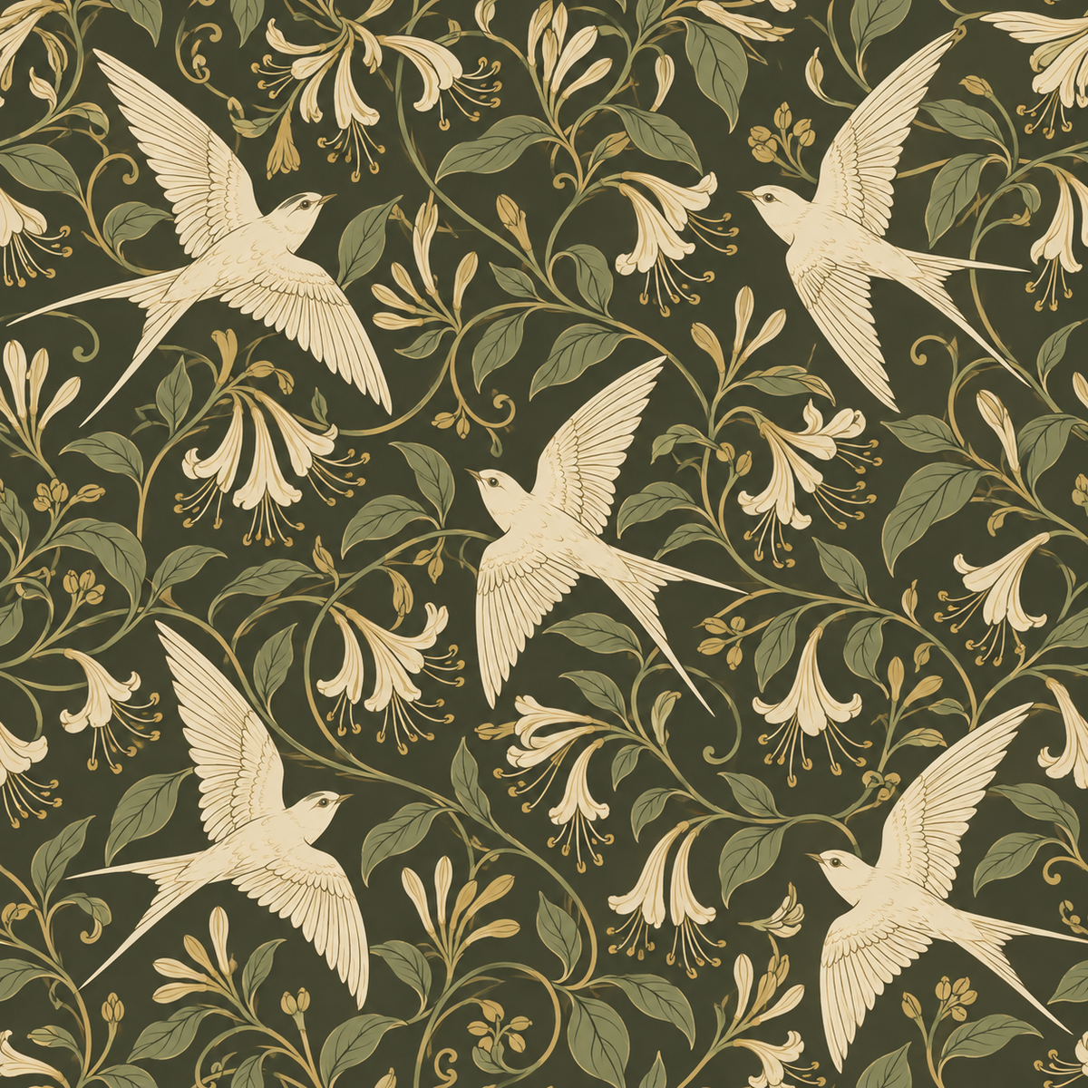 Detailed view of honeysuckle buds and leaves interwoven with sleek flying swallows on dark olive background