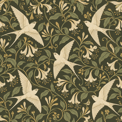 Detailed view of honeysuckle buds and leaves interwoven with sleek flying swallows on dark olive background