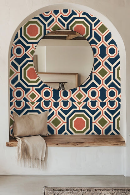 Wallpaper featuring bold octagonal and diamond geometric pattern in navy, coral, olive green, and cream.